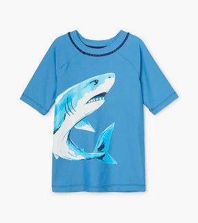 Hatley boys Deep Sea Shark short sleeve rashguard in blue with front shark graphic