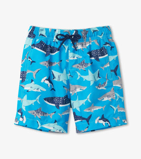 Hatley boys Deep Sea Sharks swim trunks in Blue/Aqua with all-over shark print