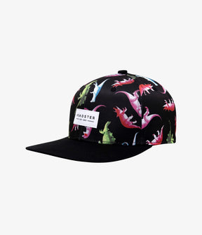 Black Dino kids snapback with colorful dinosaur print and black brim, angled front view