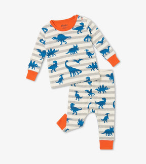 Hatley baby boy Dino Silhouettes organic cotton pajama set in Gray/Blue with orange trim.