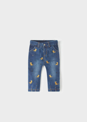 Mayoral baby girl Blue embroidered denim pants with small yellow details and cotton-blend stretch.