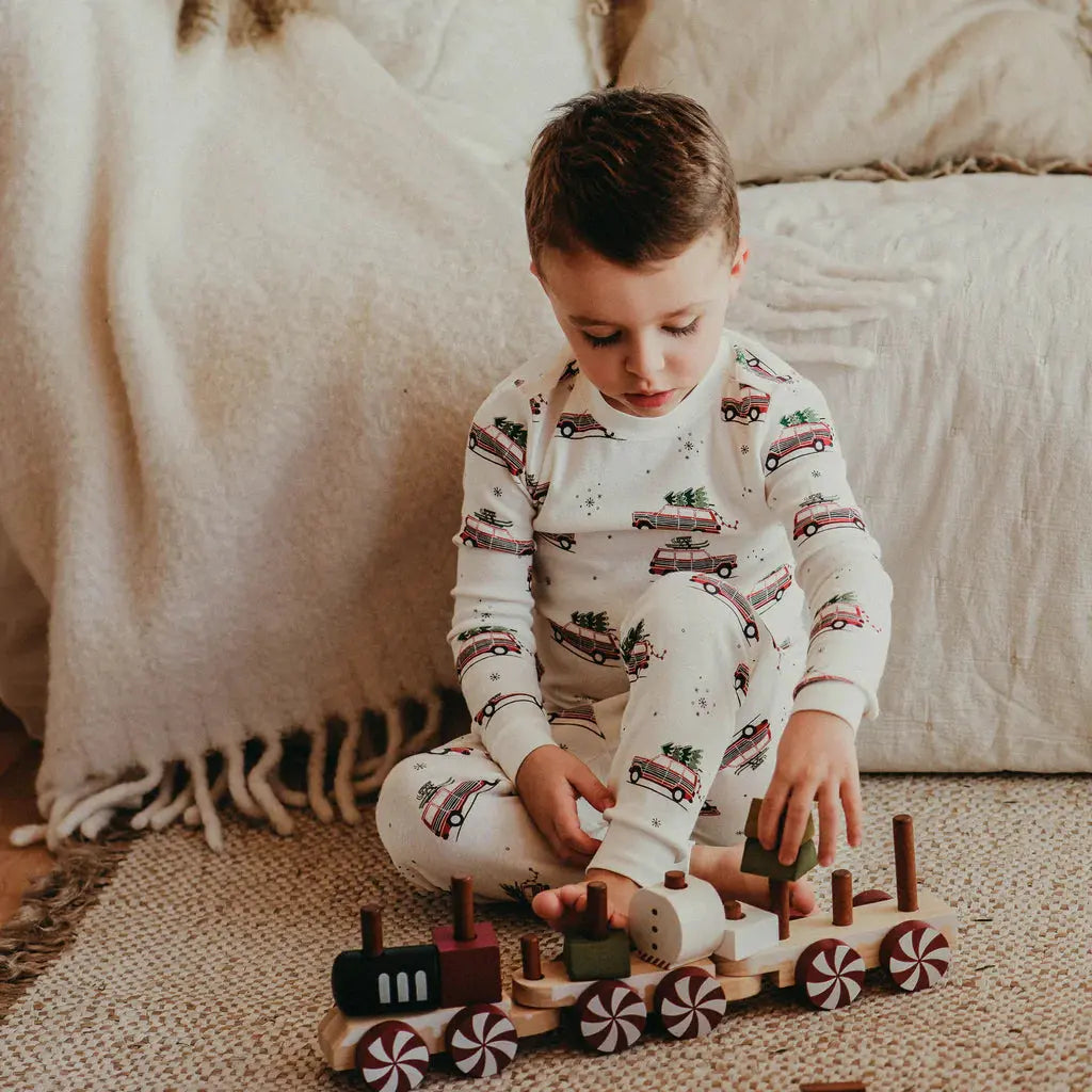 Festive Cars Print on Off-White Pyjama Set | Petit Lem - Jenni Kidz