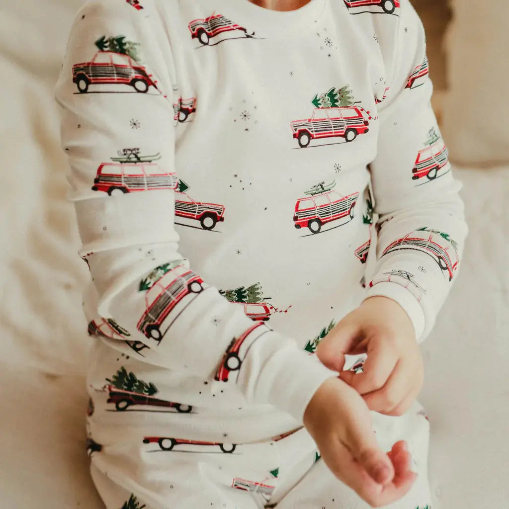 Festive Cars Print on Off-White Pyjama Set | Petit Lem - Jenni Kidz