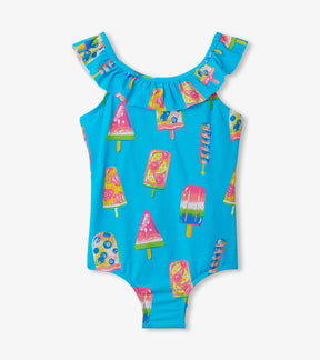 Hatley girls Fruity Pops ruffle sleeve swimsuit in Aqua/Multi with playful popsicle print