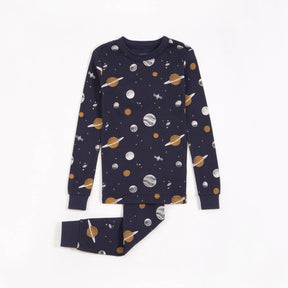 Petit Lem unisex kids Galaxy Print on Navy Night pajama set with planets and matching pants.