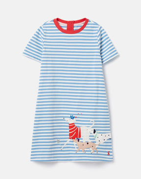 Joules Rosalee Blue Stripe Dog Dress: front view with appliqué dogs near the hem