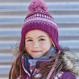 Girls' Striped Earflap Knit Hat Burgundy, White And Yellow | DEUX PAR DEUX - DEUX PAR DEUX