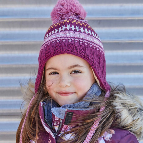 Girls' Striped Earflap Knit Hat Burgundy, White And Yellow | DEUX PAR DEUX - DEUX PAR DEUX