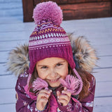 Girls' Striped Earflap Knit Hat Burgundy, White And Yellow | DEUX PAR DEUX - DEUX PAR DEUX