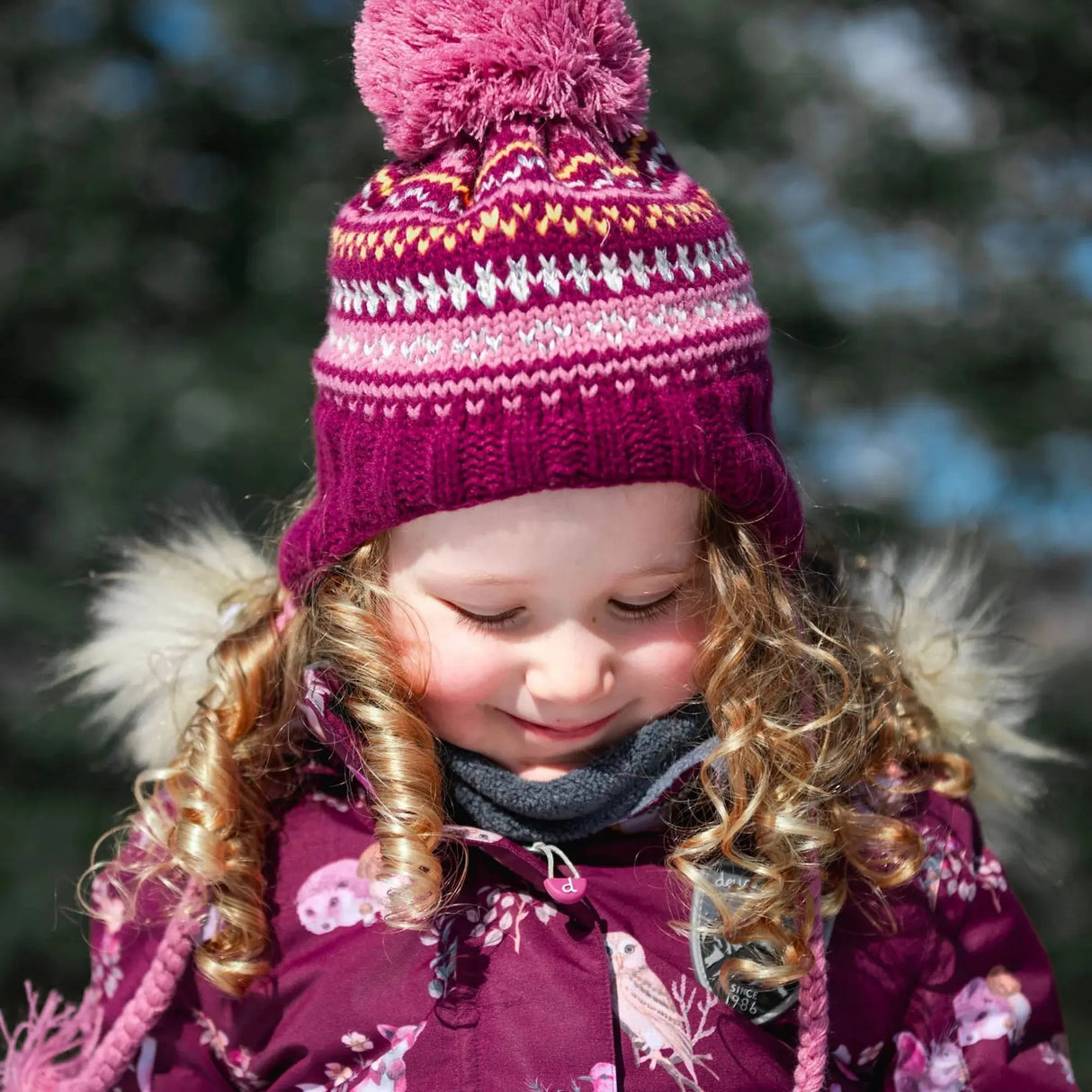 Girls' Striped Earflap Knit Hat Burgundy, White And Yellow | DEUX PAR DEUX - DEUX PAR DEUX