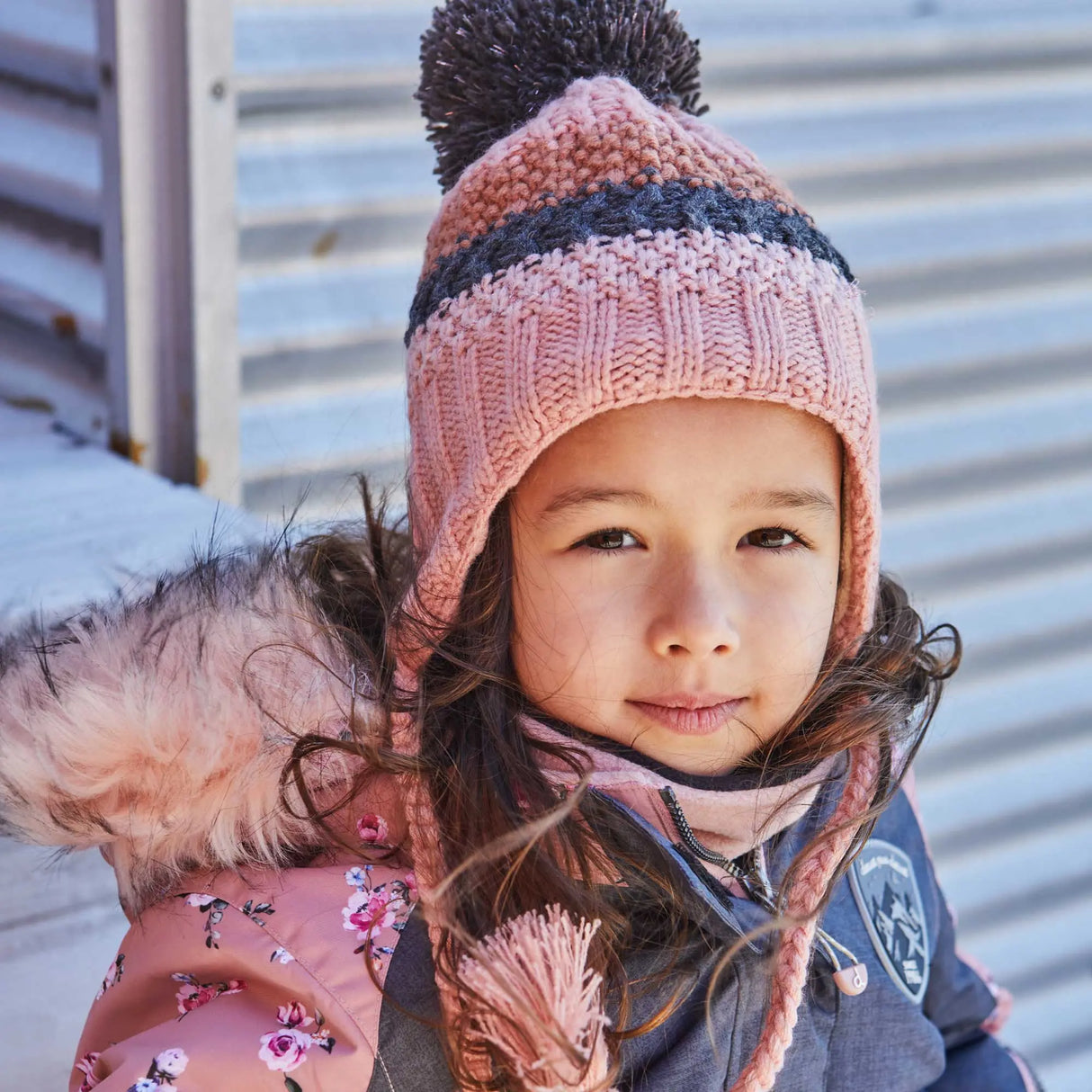 Girls' Striped Earflap Knit Hat Pink And Grey | DEUX PAR DEUX - DEUX PAR DEUX