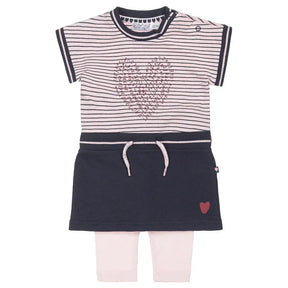 Front view of Dirkje pink striped baby dress with navy drawcord skirt and leggings