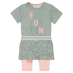 Front view of sage green Dirkje baby girls Fun dress with zebra skirt and pink leggings