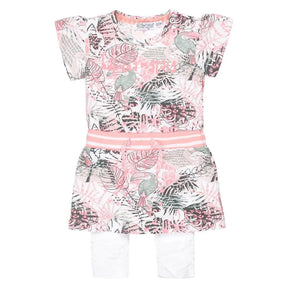Front view of Dirkje baby girls tropical leaf print dress with white leggings