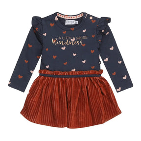 Front view of navy heart-print and rust-brown Dirkje girls dress