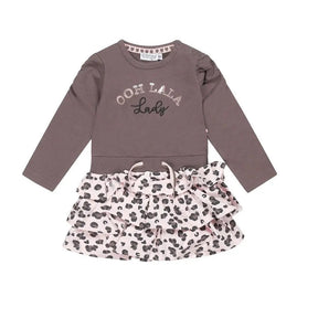 Front view of grey-brown Dirkje panther-print dress with waist tie