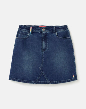 Joules Hollis dark blue denim skirt: front view with five-pocket styling and a hare at the hem