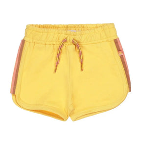 Front view of yellow Dirkje girls jogging shorts with rust and pink side stripes