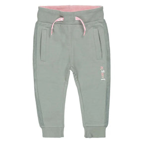 Front view of sage green Dirkje girls jogging trousers with pink drawcord and jungle lettering