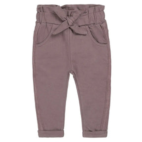 Front view of grey-brown Dirkje paperbag trousers with bow belt