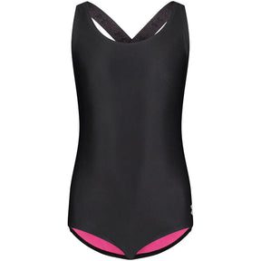 Under Armour girls' black one-piece swimsuit with pink trim, front view