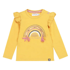 Front view of yellow Dirkje girls shirt with rainbow and shoulder ruffles