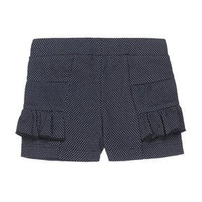 Flat view of dark blue Dirkje girls shorts with white dots and elastic waistband