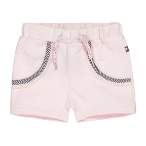 Front view of light pink Dirkje girls shorts with chevron trimmed pockets and drawcord