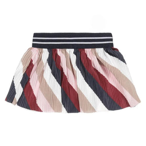 Front view of Dirkje pleated girls skirt with diagonal multicolour stripes
