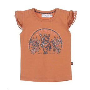 Front view of rust brown Dirkje girls T-shirt with navy tiger graphic and lace-edged sleeves