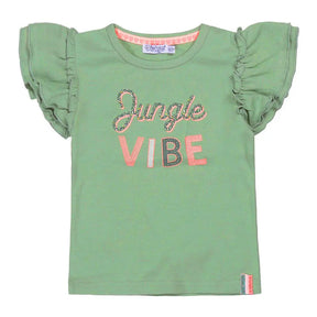 Front view of sage green Dirkje girls T-shirt with frilled sleeves and Jungle Vibe lettering