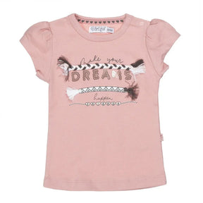 Front view of pink Dirkje girls T-shirt with Make Your Dreams Happen braided cord print