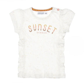 Front view of white flecked Dirkje girls T-shirt with peach Sunset lettering