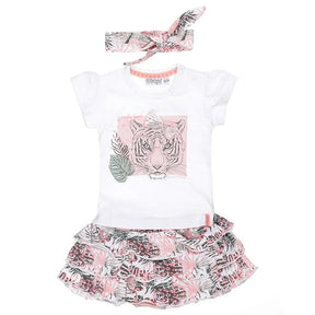 Front view of Dirkje baby girls white tiger T-shirt, leaf-print tiered skirt and headband