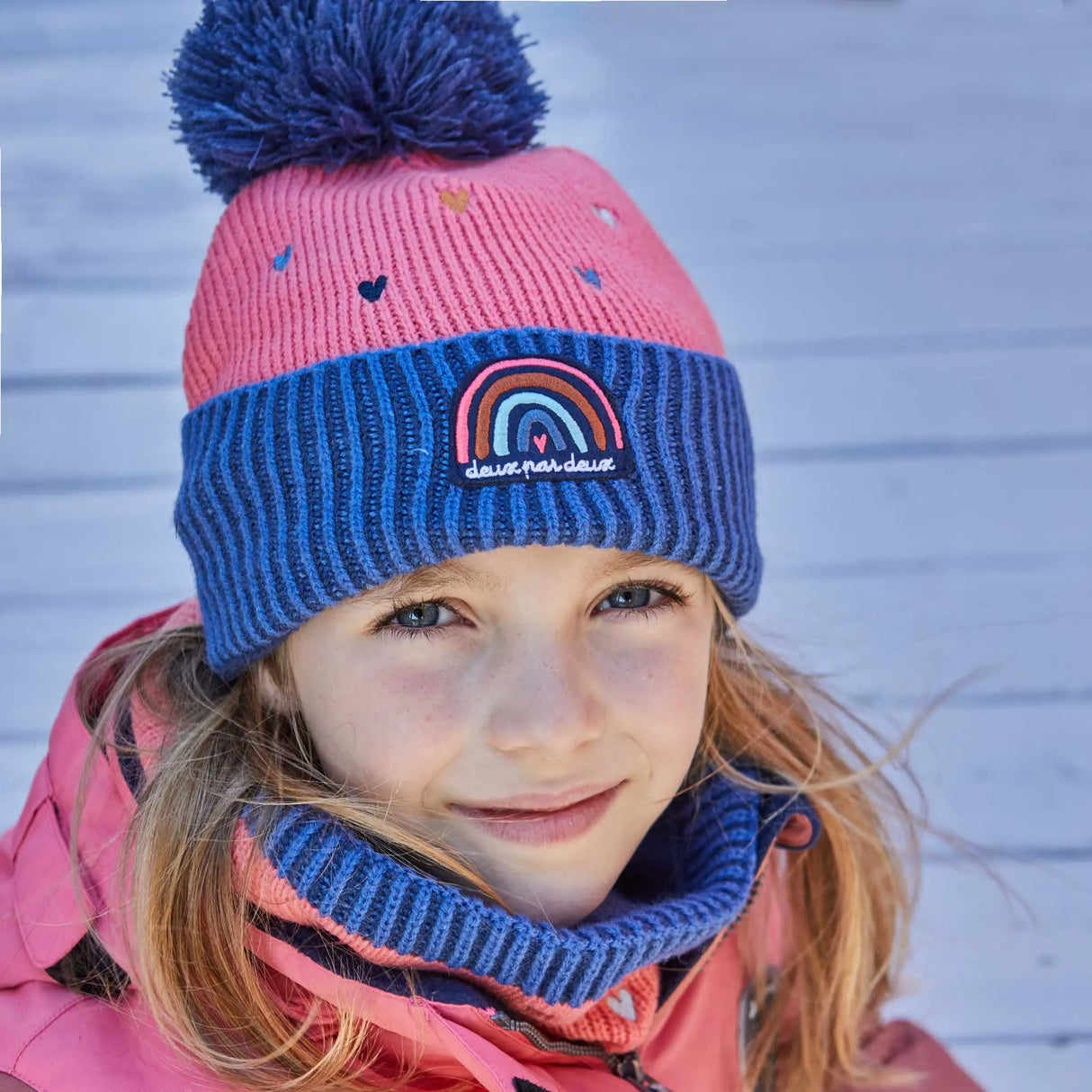 Girls's Knit Hat Coral And Blue Hearts - Tea Rose | DEUX PAR DEUX - DEUX PAR DEUX