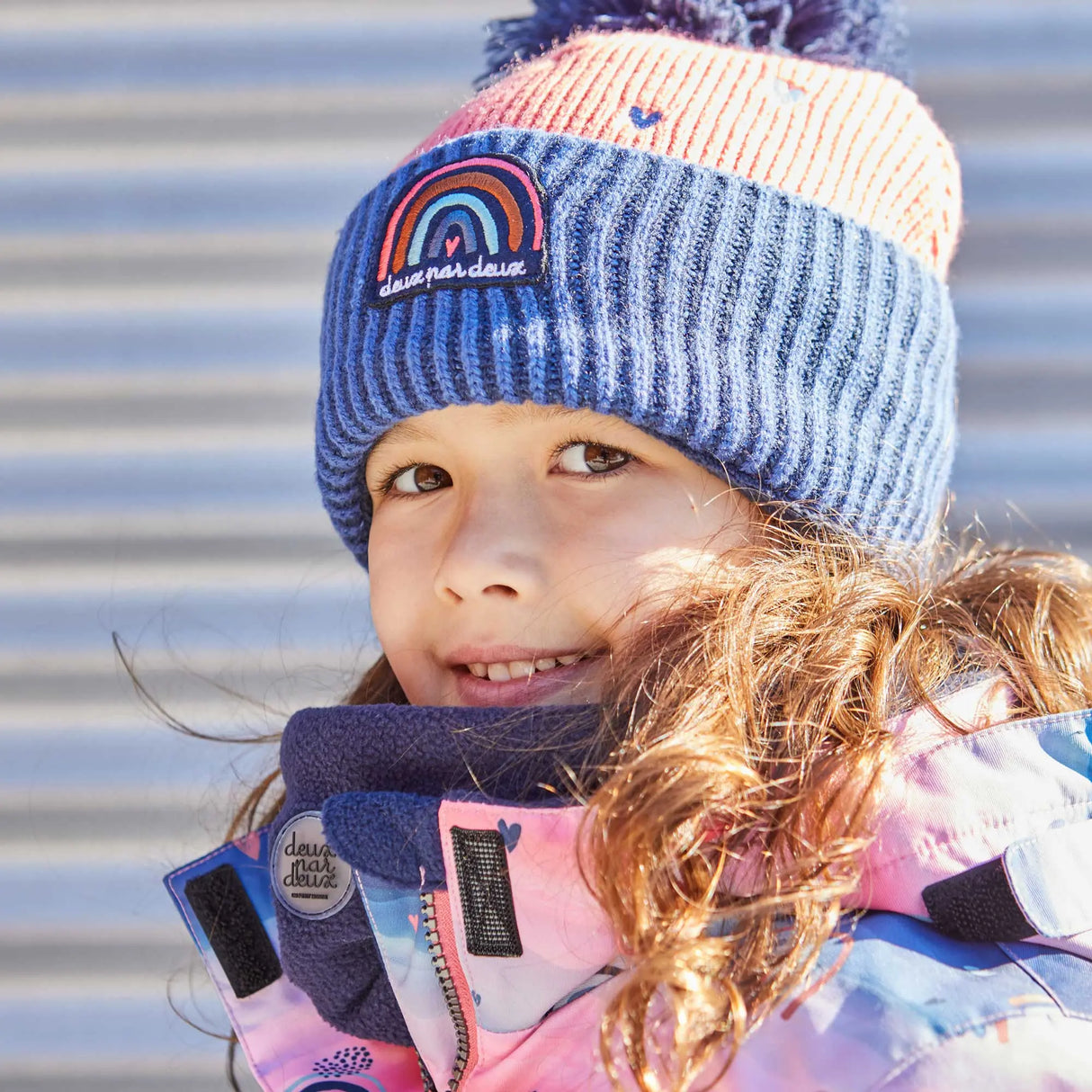 Girls's Knit Hat Coral And Blue Hearts - Tea Rose | DEUX PAR DEUX - DEUX PAR DEUX