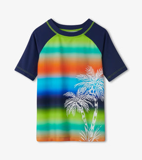 Hatley boys Gradient Palms short sleeve rashguard with colorful stripes and palm graphic