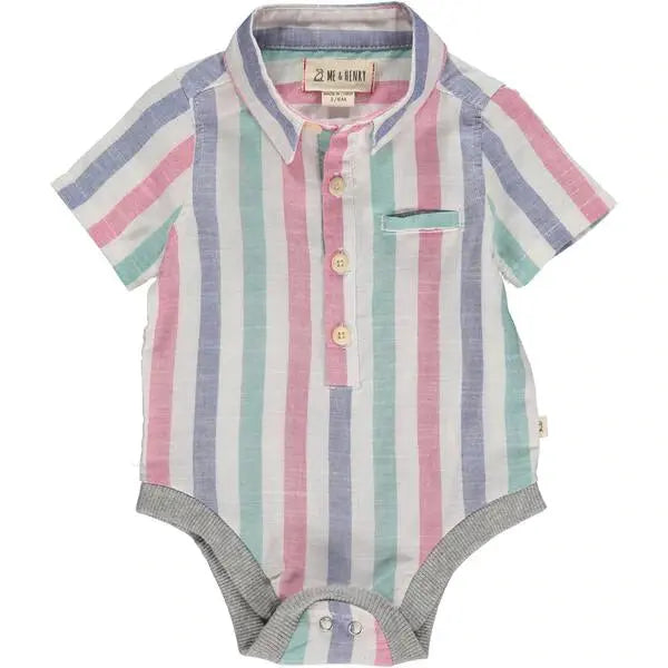 Green/blue striped short sleeved woven onesie | Me & Henry - Jenni Kidz