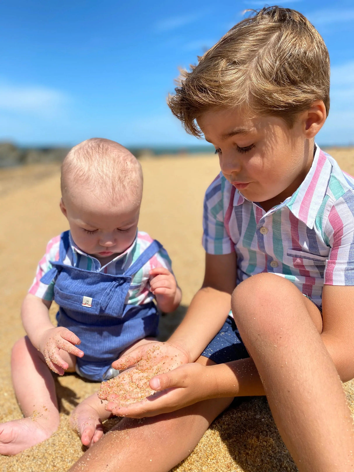 Green/blue striped short sleeved woven onesie | Me & Henry - Jenni Kidz