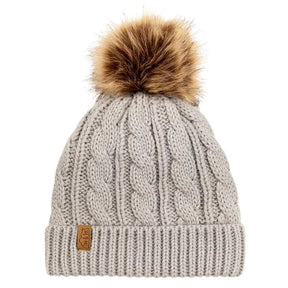 Light gray cable knit beanie with folded ribbed cuff and brown pom-pom, product view