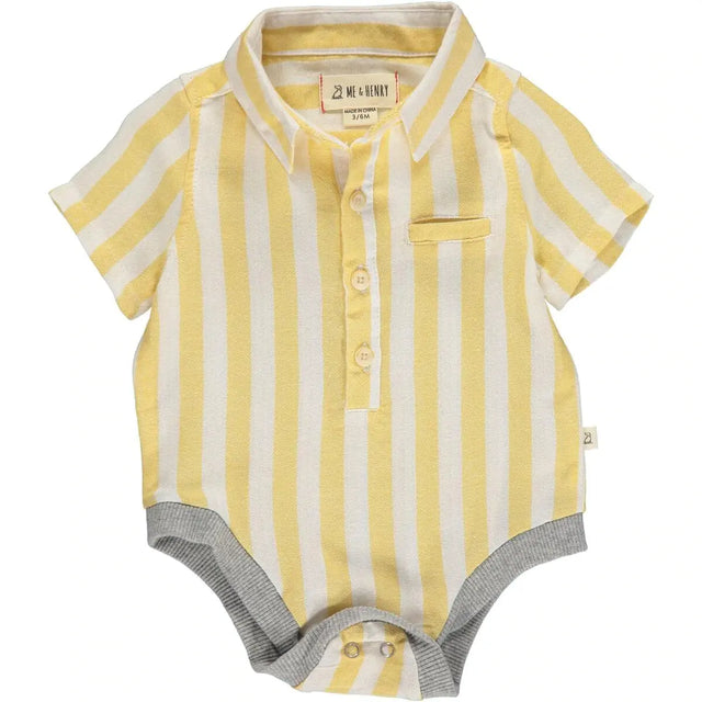 Helford Short Sleeve Button Down Bodysuit - Lemon/White Stripe | Me & Henry - Jenni Kidz