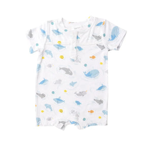 Angel Dear Big Splash henley shortall in white with blue whales and gray dolphins