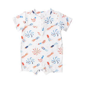 Angel Dear Firecrackers henley shortall in white with red and blue fireworks