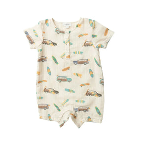 Angel Dear Woody Surf Sharks henley shortall in cream muslin with wagons and surfboards