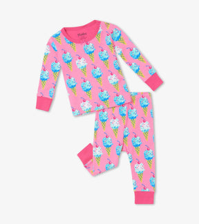 Hatley baby girl Ice Cream Cones organic cotton pajama set in Pink with matching pants.