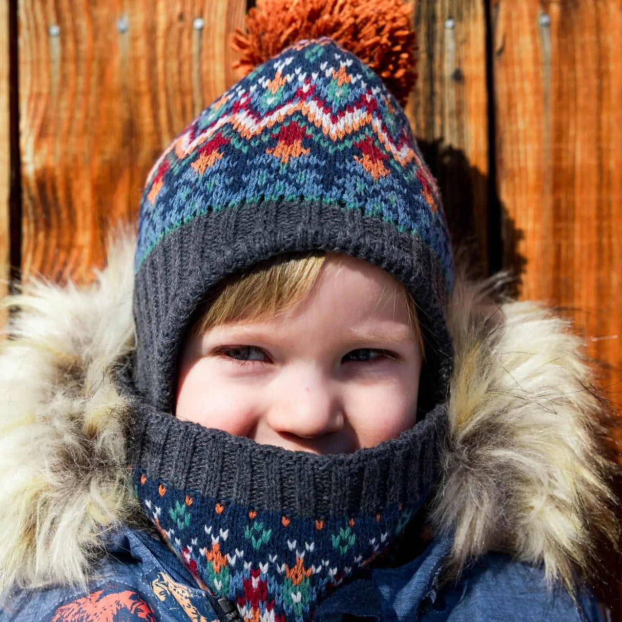 Jacquard Earflap Knit Hat Grey, Blue And Brown | DEUX PAR DEUX - DEUX PAR DEUX