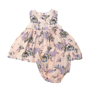Angel Dear Lilacs pink kimono dress with purple florals and matching bloomer