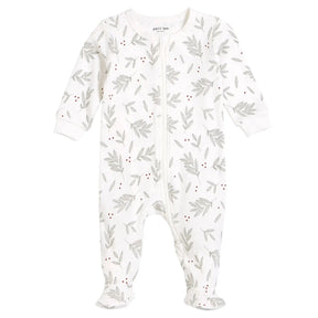 Petit Lem Laurel Leaves off-white baby organic cotton sleeper – front view