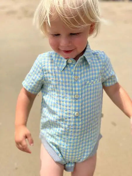 Lemon/blue plaid short sleeved woven onesie | Me & Henry - Jenni Kidz