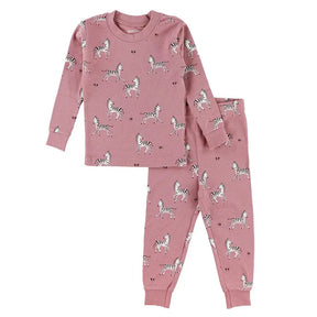 Mauve zebra print pajama set with long-sleeve top and pants displayed flat